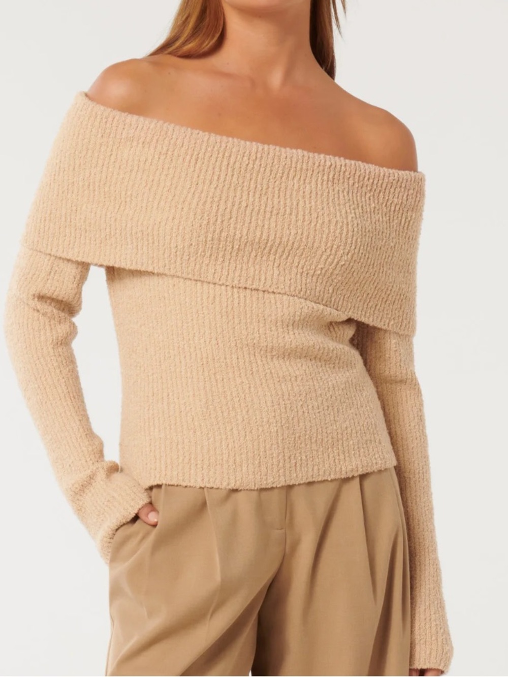 EVER NEW NWT Mariah Boucle Bardot Off the Shoulder Sweater Beige Size Large
